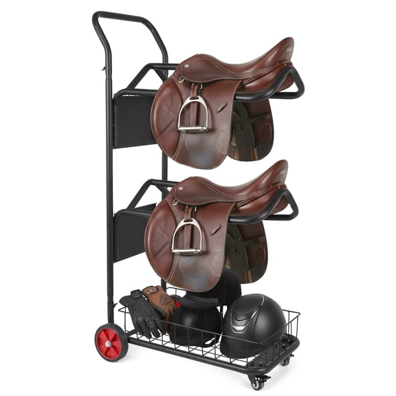 Qiyester Rolling Saddle Cart 2-Tier Metal Horse Tack Cart Portable Luggage Organizer with Basket Wheels Hooks for Saddles, Pads & Stable Supplies Storage