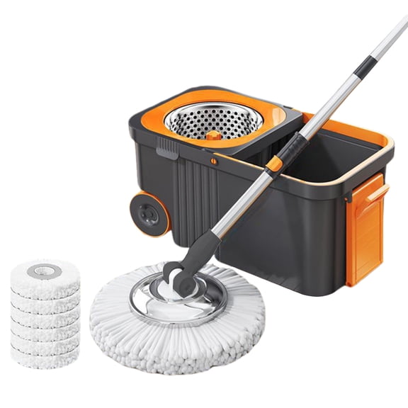 Qiyester Rotating Mop and Bucket Set, 360° Rotating Mop with 6 Microfiber Replacement Mop Heads, Household Cleaning, Watermark-Free, Hands-Free, Wringing, Suitable for Home Floor Cleaning,Grey
