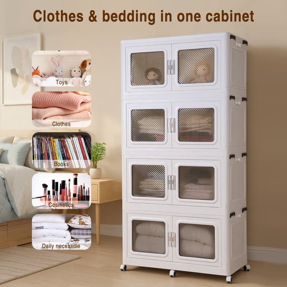 Qiyester Stackable Storage Bins 4-Tier Foldable Organizer Cabinet Collapsible Snacks Rack with Lid Magnetic Door Movable Wheel for Toys, Jewely, Dolls, Books, Kitchenware, Seasoning, Clothes