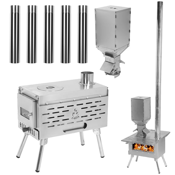 Qiyester Stainless Steel Wood Stove, Outdoor Heating, Cooking, Camping Stove, Brand New Pellet Grill Stove with Chimney, Suitable for Outdoor Camping