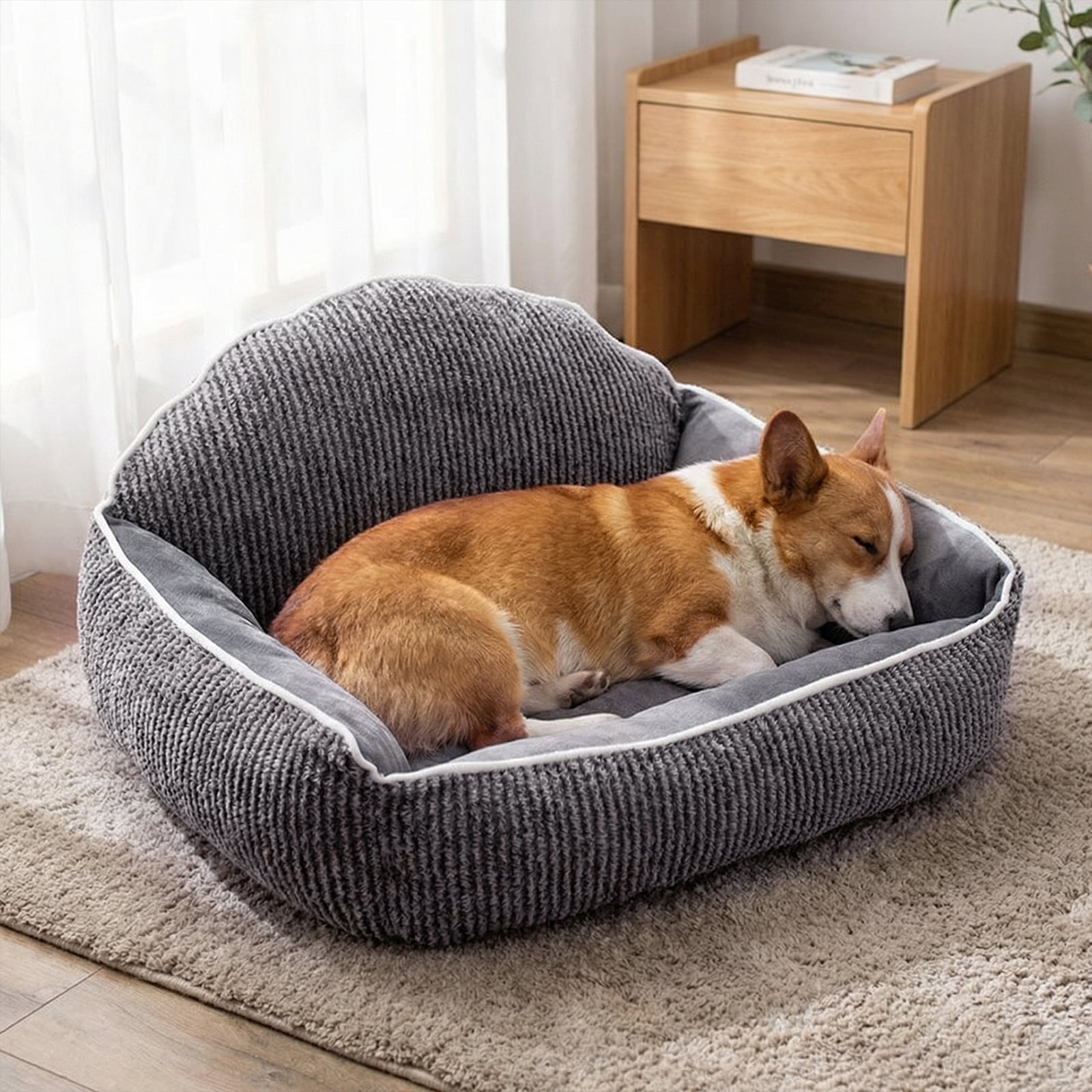 Qiyester Striped Pet Comfort Bed with Semi-circular Shell Backrest ...