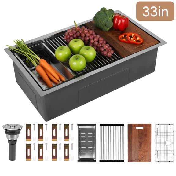 Qiyester Undermount Sink 33 inch Kitchen Single Bowl Workstation Stainless Steel Under Counter Sinks Basin with Colander Roll Drying Rack Cutting Board Bottom Rinse Grid