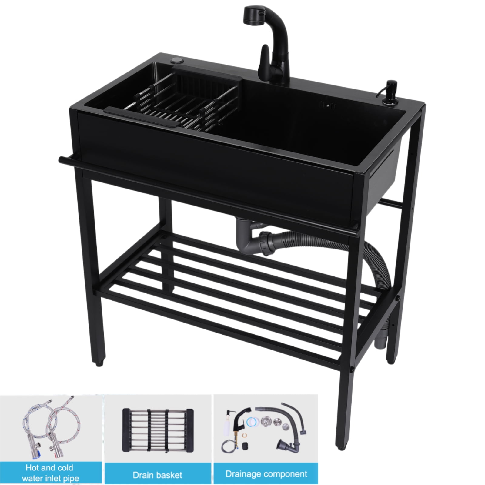 Qiyester Utility Sink Stainless Steel 31 inch Freestanding Single Bowl Laundry Sinks with Pull-Out Faucet Towel Rack Soap Dispenser Sink Grid Drain Kit