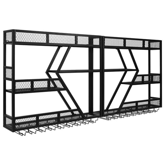 Qiyester Wall Mounted Liquor Bottle Display Shelf with Glass Holder 3-Tier Metal Wine Rack for Home Kitchen Dining Room Coffee Shop Black