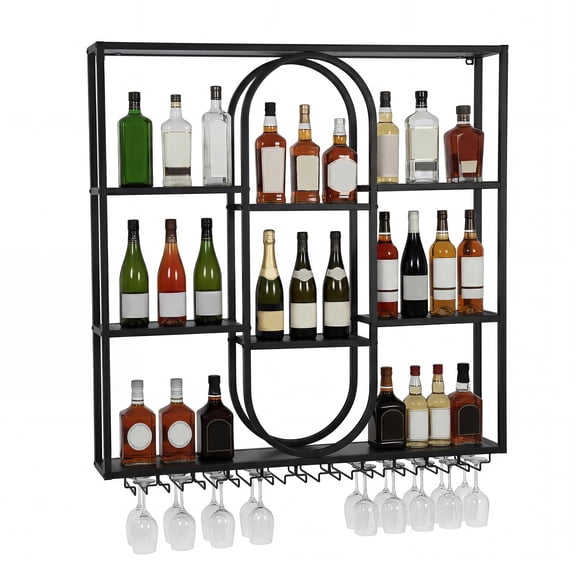 Qiyester Wine Rack Wall Mounted 3-Tier Industrial Metal Liquor Shelves Display Storage Organizer Large Capacity with Hanging Glass Holder Black 47 inch