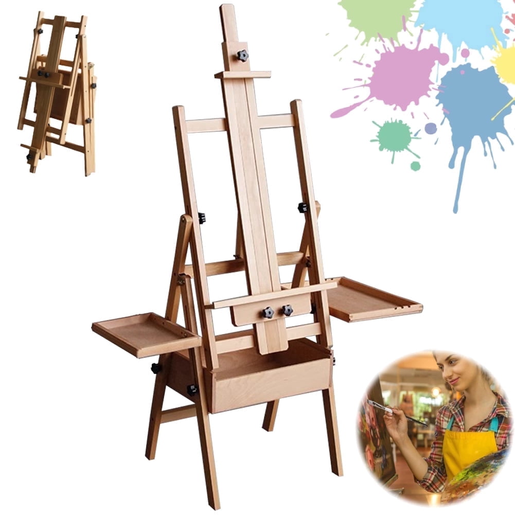 Qiyester Wood H-Frame Easel Stand Foldable Adjustable Height Beech Art Easel for Painting with Storage Tray and Palette for Adults and Kids