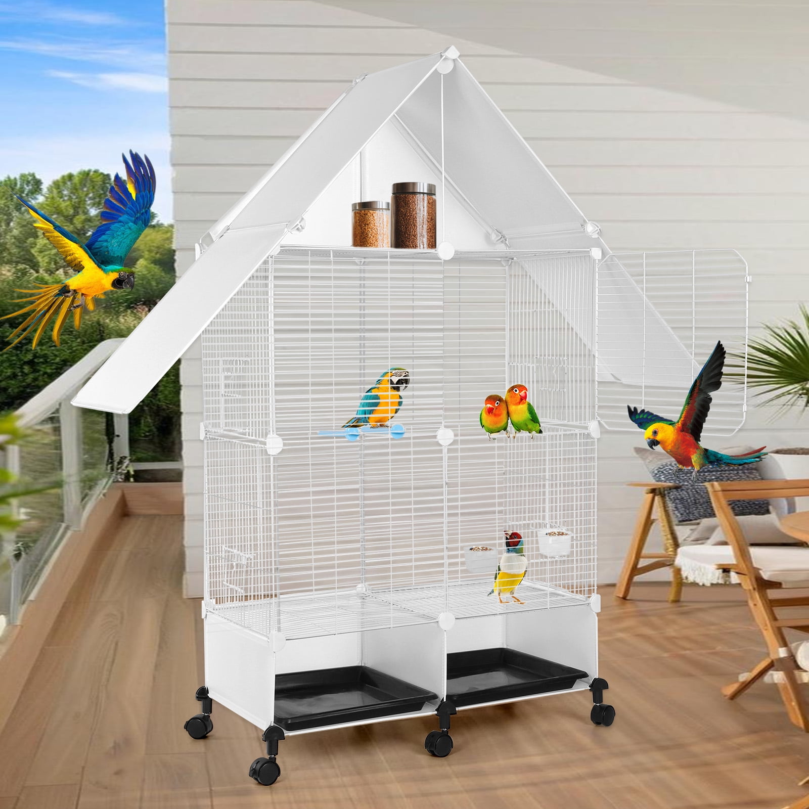 Qiyester Wrought Iron Bird Cages Portable Pet House with Wheels for Parrot,Parakeets,Cockatiel,Lovebird,Small Mid-Sized Birds