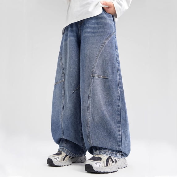 Qiyinn Boy's Solid Color Casual Fashionable Wide Leg Straight Leg Jeans Full Length Pants Kids