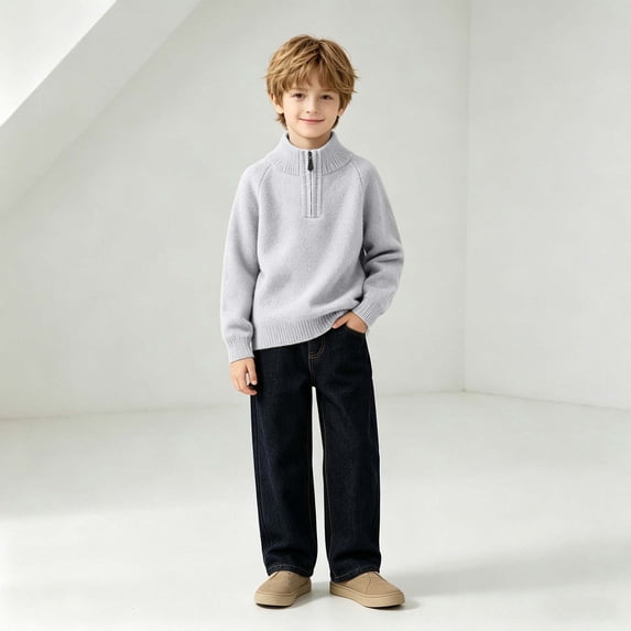 Qiyinn Boys' Fashion Solid Color Knitted Half Zipper Shoulder Insert Long Sleeve Sweater Half High Collar Top | Kids Boys Girls Casual Top Daily Wear School Comfortable Outfit