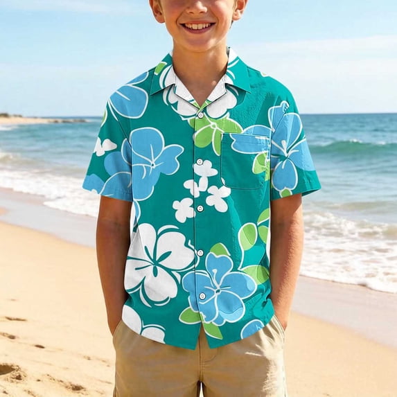 Qiyinn Children's Summer Small Print Leisure Short Sleeve Turndown Collar Blouse Top Kids
