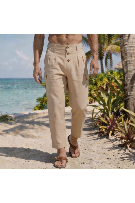 Men Linen Pants with Triple Button Fly and Multi Patched Pockets Double Pleated Front Relaxed Fit Cropped Cargo Trousers for Men