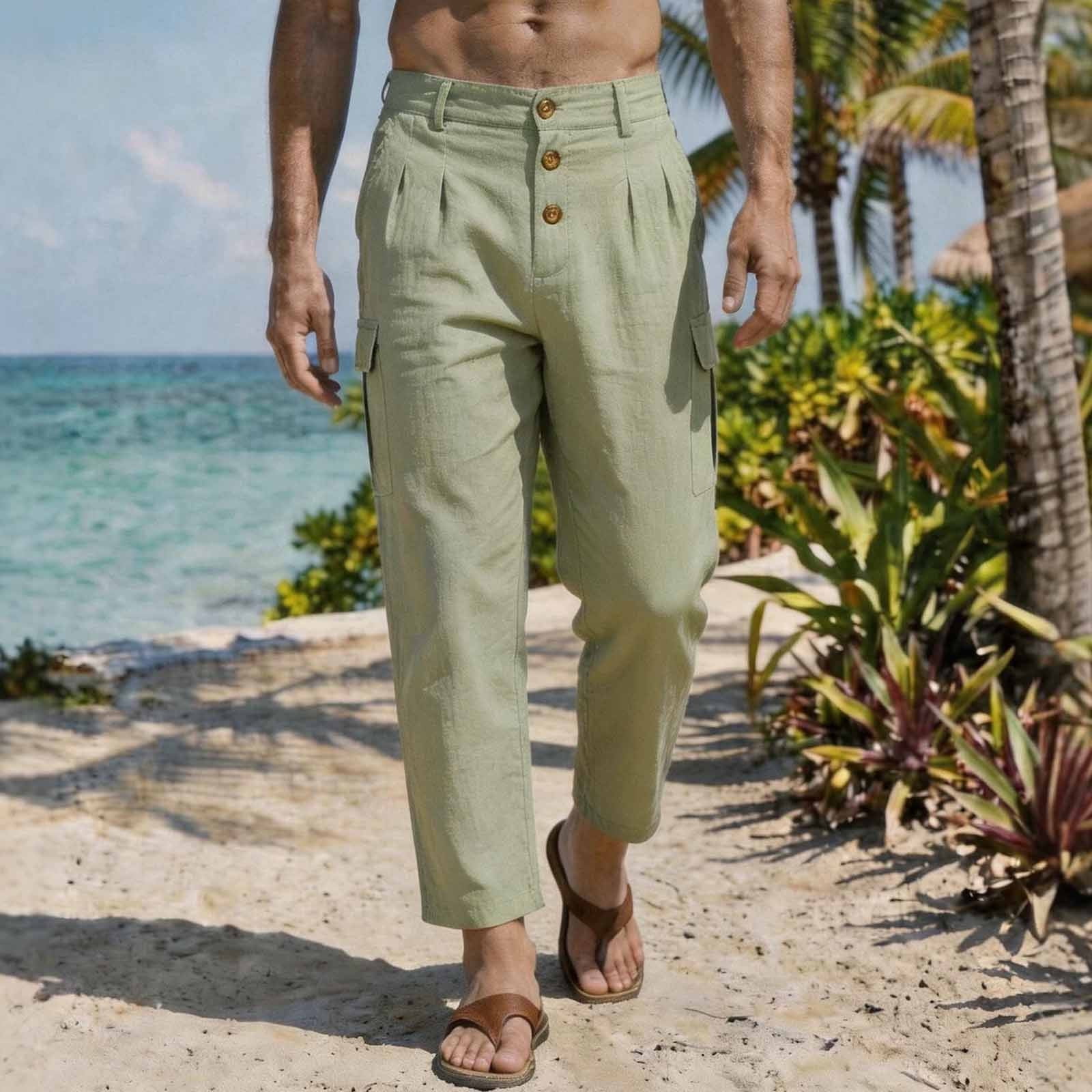 Qiyinn Men Linen Pants with Triple Button Fly and Multi Patched