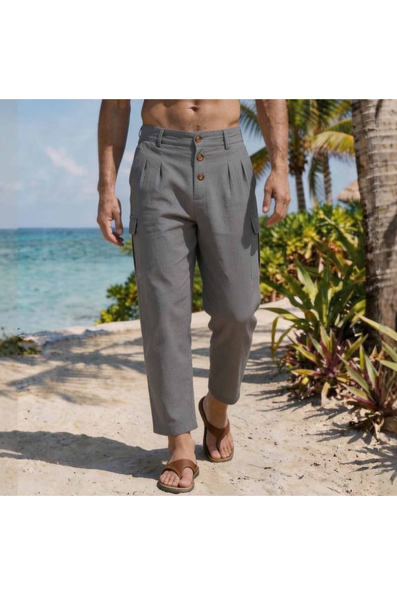 Men Linen Pants with Triple Button Fly and Multi Patched Pockets Double Pleated Front Relaxed Fit Cropped Cargo Trousers for Men