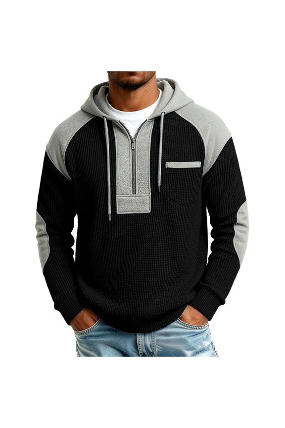 Men Long Sleeve Quarter Zip Hoodie Waffle Knit Color Block Raglan Sleeve Pullover Sweatshirt Casual Loose Fit Tops for Adult