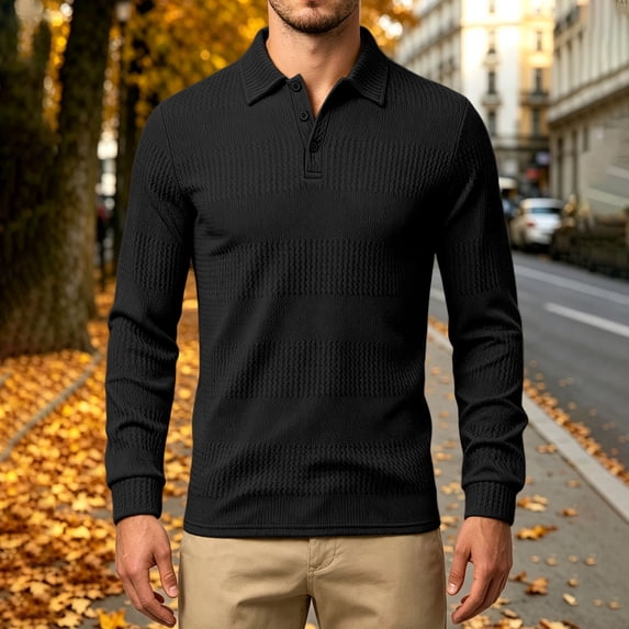 Qiyinn Men Solid Color Jacquard Knit Long Sleeve Polo Collar Shirt Slim Fit Casual Business Top for Middle Aged Men