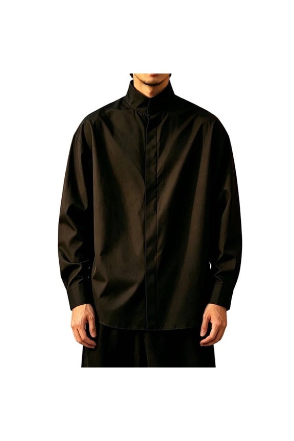 Men Solid Stand Collar Shirt Hidden Placket for Men Casual Button Up Shirt