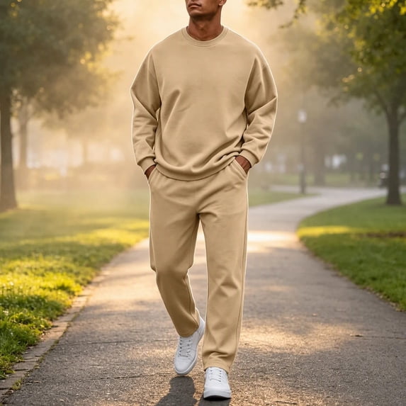 Qiyinn Men's Comfortable Sweatshirt Crew Neck Long Sleeve Loose 2-Piece Set Solid Color Casual Daily Wear