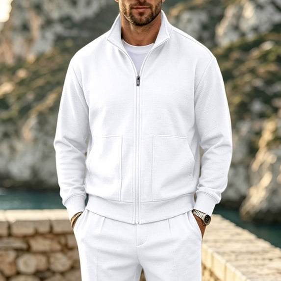 Qiyinn Men's Full Zip Up Sweatshirt Casual Lightweight Long Sleeve Mock Neck Jackets with Pocket