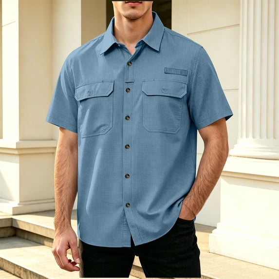 Qiyinn Men's Outdoor Short Sleeve Shirt Breathable Plaid Texture Cargo Shirt with Pockets Casual Button Down Tops