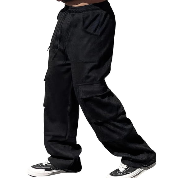 Qiyinn Men's Plus Size Cargo Pants Loose Fit Wide Leg Solid Color Multi Pocket Elastic Waist Drawstring Casual for Daily Work
