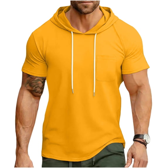 Qiyinn Men's Short Sleeve Hoodie Workout Gym Athletic Cotton Lightweight Hooded T Shirts Sweatshirt