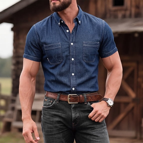 Qiyinn Denim Shirt Men Short Sleeve Button Down Mens Shirts 2 Pocket Western Soft Work Casual with Comfortable