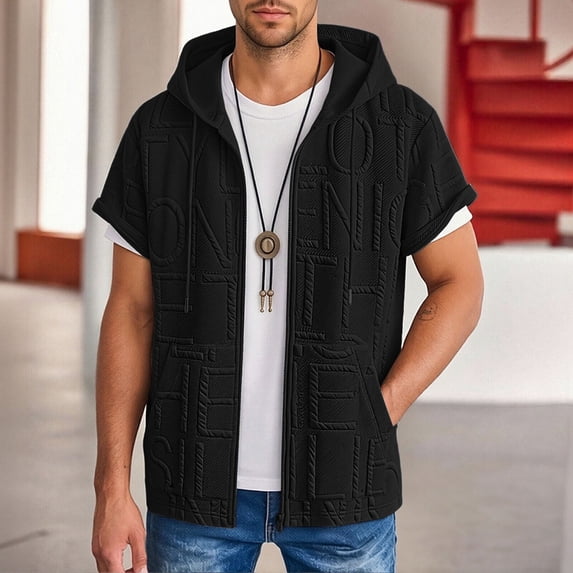 Qiyinn Men's Solid Color Zip-up Cardigan With Lettering Hooded Short-sleeved Top Pockets
