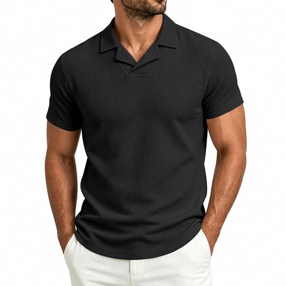 Qiyinn Mens Polo Shirts Short Sleeve Textured Knit V Neck Shirt Casual Golf Shirts Stylish Old Money Tops
