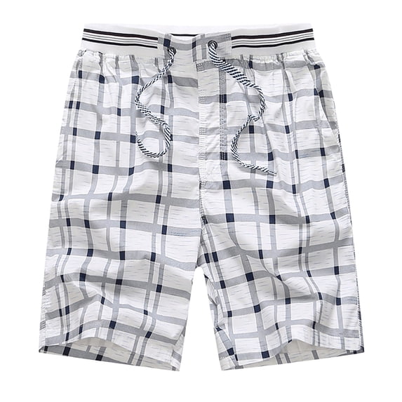 Qiyinn Men Summer Quick Dry Shorts Elastic Waist Drawstring Plaid Pattern Straight Leg Mid Length Casual Beach Vacation Sportswear for Young Adults