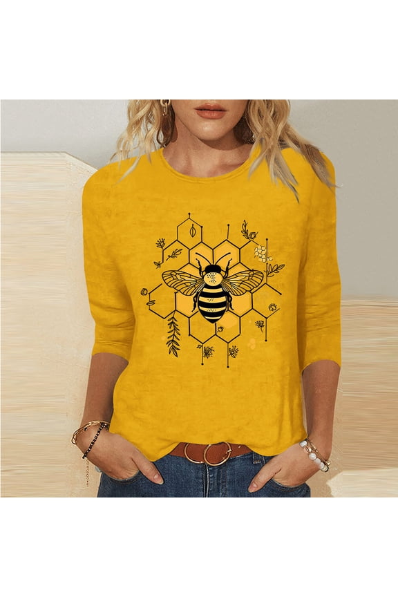 Women Bee Print Tee Shirts for 3/4 Length Sleeve Tops Summer Crewneck T shirt Cute Graphic Top Plus Size Tees