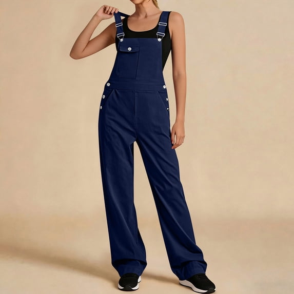 Qiyinn Women'S Solid Color Sleeveless Casual Wide-Leg Jumpsuit Adjustable Shoulder Strap Romper WithPockets