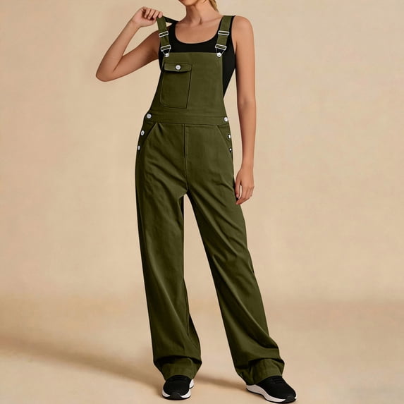 Qiyinn Women'S Solid Color Sleeveless Casual Wide-Leg Jumpsuit Adjustable Shoulder Strap Romper WithPockets