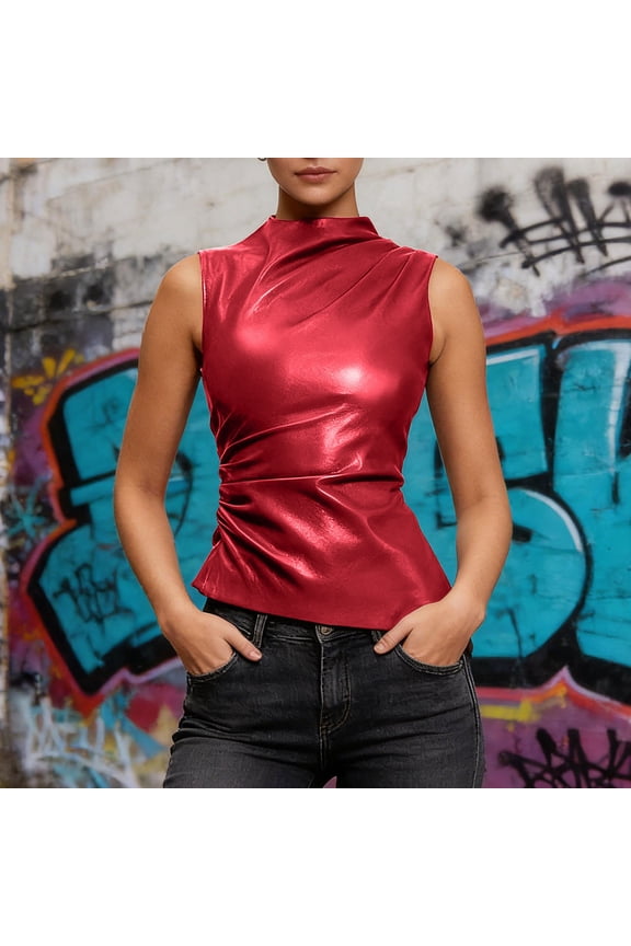 Women's PU Leather Sleeveless Tank Tops Pleated Slim Fit Mock Neck Asymmetrical Ruched Blouse T Shirt