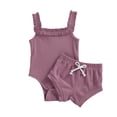 thumbnail image 1 of Qiylii 2 Pcs Baby Girl Solid Color Clothes Set, Ruffled Sleeveless Romper+Shorts, 1 of 8