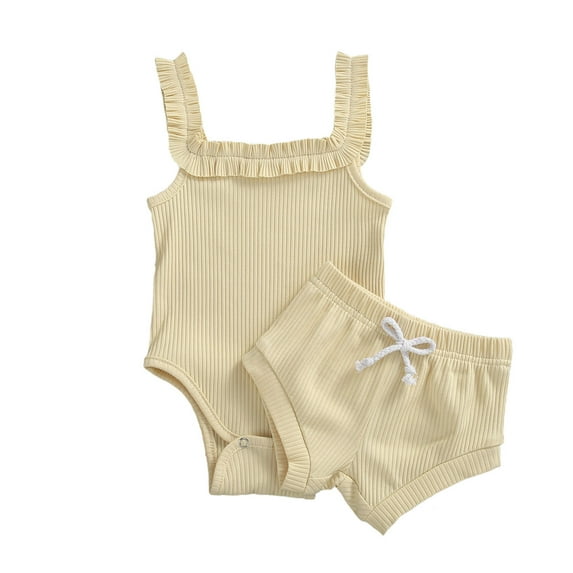 Qiylii 2 Pcs Baby Girl Solid Color Clothes Set, Ruffled Sleeveless Romper+Shorts