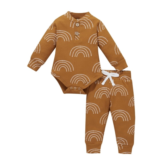 Qiylii 2Pcs Baby Fall Outfits, Rainbow Print Ribbed Long Sleeves Romper + Pants