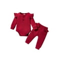 thumbnail image 1 of Qiylii 2Pcs Baby Outfits, Solid Color Ribbed Ruffle Long Sleeves Romper + Pants, 1 of 9