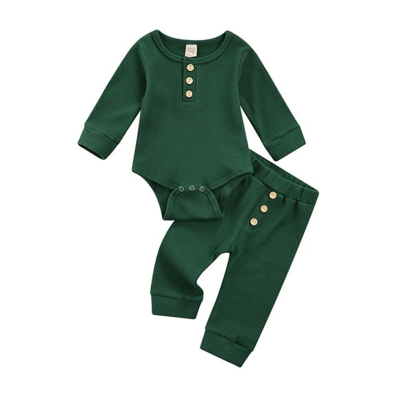 Qiylii 2Pcs Toddler Outfits, O-Neck Long Sleeve Romper + Buttons Pants