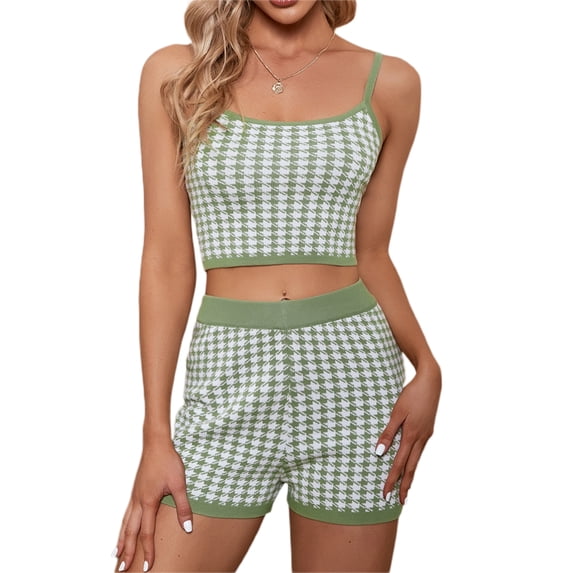Qiylii 2Pcs Women Summer Outfit Clothes Set, Houndstooth Spaghetti Strap Sleeveless Tank Tops + Shorts Set for Ladies, S/M/L/XL