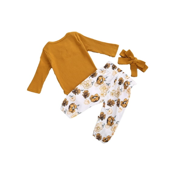 Qiylii 3 PCS Infant Girl Suits Set, Pure Color Jumpsuit Printed Pants Handband
