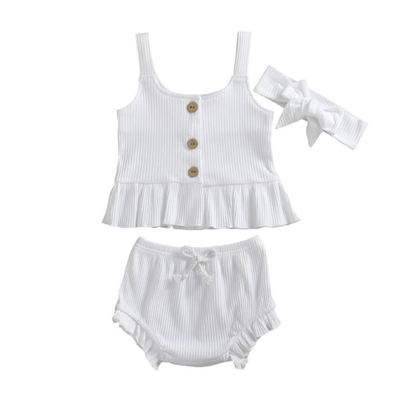 Qiylii 3 Pcs Baby Girls Solid Color Outfits,Short Sleeve Tops+Shorts + Headband