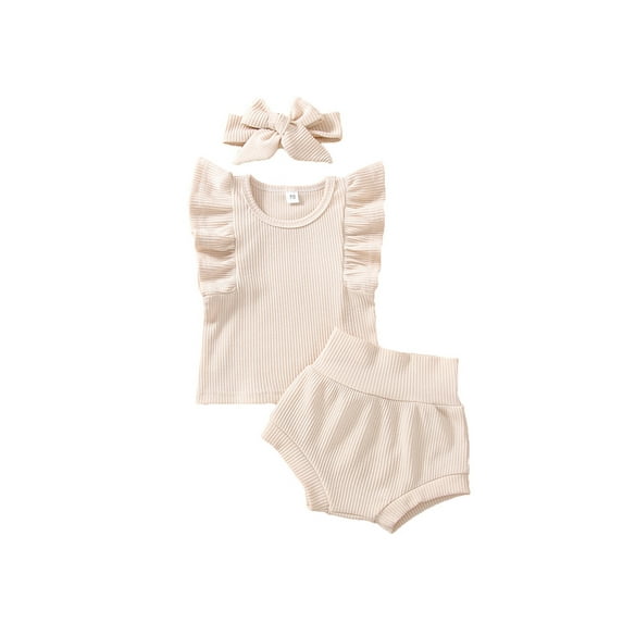 Qiylii 3PCS Baby Girl Ruffle Knitted Ribbed Outfits Set Newborn Baby Sleeveless Tops Short Pants with Headband,0-24M