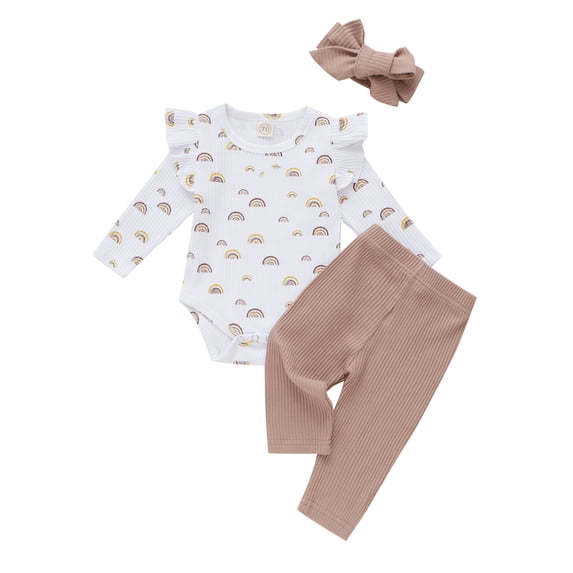 Qiylii 3Pcs Baby Girls Ribbed Outfits,Rainbow Pattern Romper + Pants + Headband