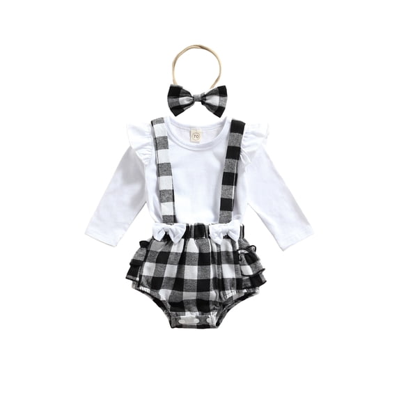 Qiylii 3Pcs Infant Girls Outfit Long Sleeve Top+Plaid Suspenders Shorts+Headband