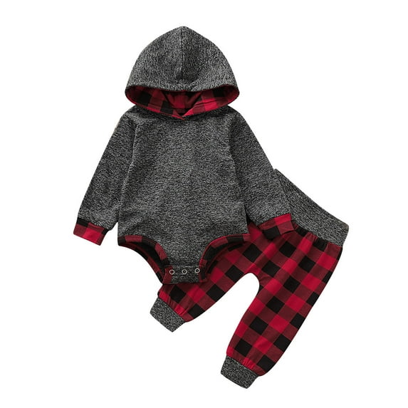 Qiylii Baby 2PCS Fall Outfit, Long Sleeve Hooded Romper+Long Plaid Pants,0-18M