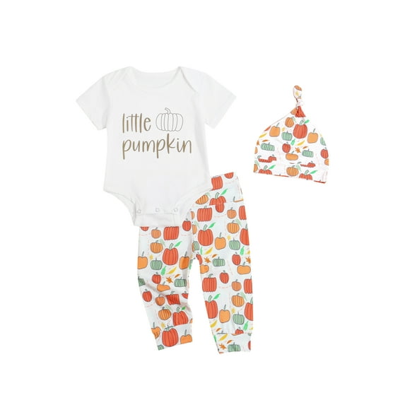 Qiylii Baby Boy Clothes Set,Short Sleeve Romper+Pumpkin Print Trousers+Hat