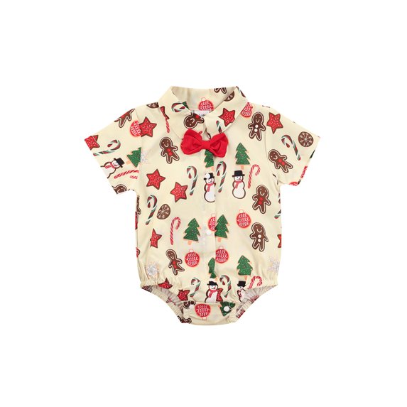 Qiylii Baby Boys Christmas Bodysuit Snowman/Santa Claus Pattern Short Sleeve Lapel Bow Romper