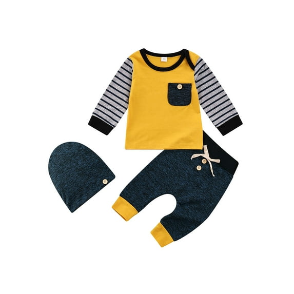 Qiylii Baby Boys Clothes Set Color Block Stripe Long Sleeve Tops+Trousers + Cap