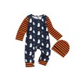 thumbnail image 1 of Qiylii Baby Boys Girls Halloween Romper Outfits Striped Long Sleeve Ghost Print Jumpsuit + Hat,0-24M, 1 of 8