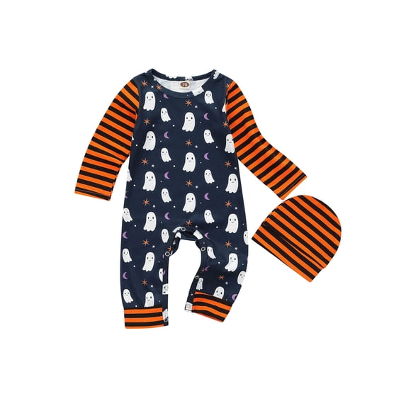 Qiylii Baby Boys Girls Halloween Romper Outfits Striped Long Sleeve Ghost Print Jumpsuit + Hat,0-24M